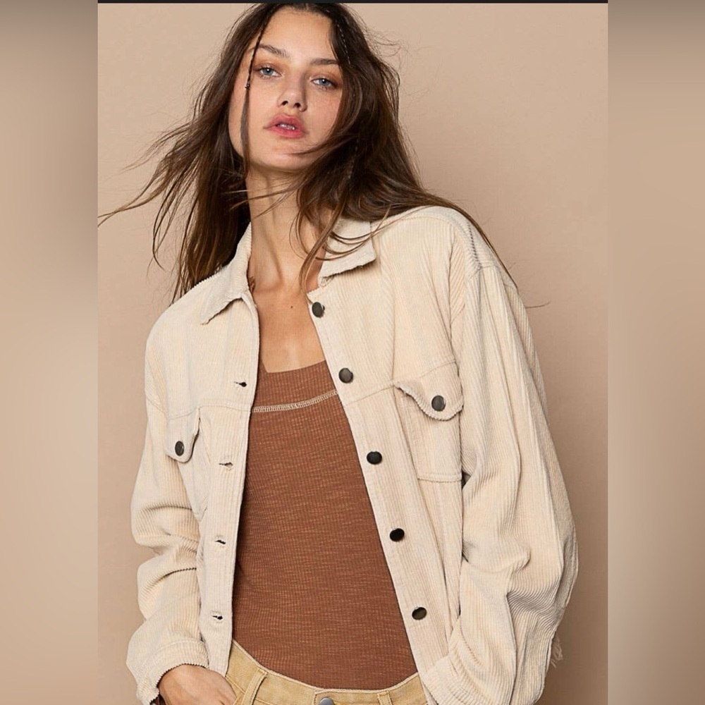 POL Corduroy Light Tan Oversized Boyfriend Jacket with Distressed Hem